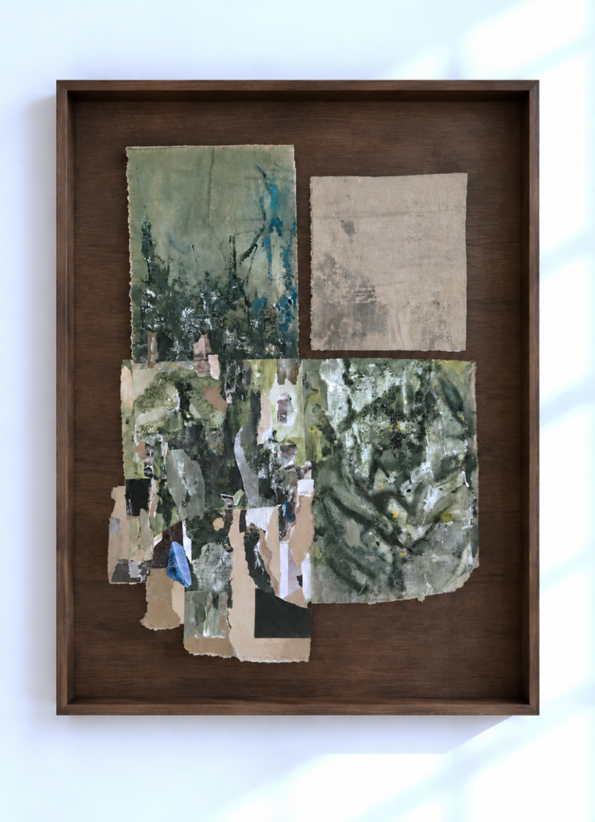 Minyon I & II, Diptych (Unframed), Original mixed media collage diptych from the Green series, 2026. Two panels, 100 × 134 cm each. Sold unframed. — original artwork by Sofia Eckholt (view 7)
