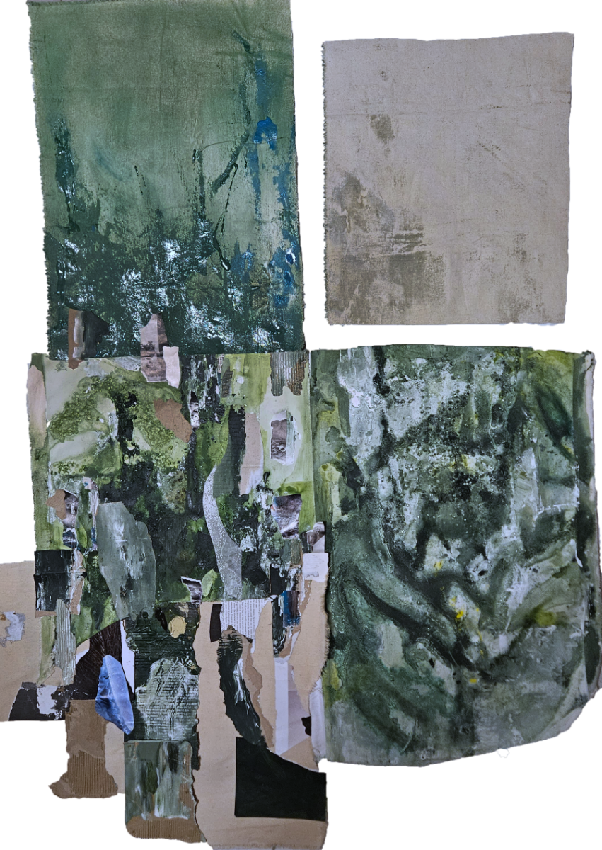 Minyon I & II, Diptych (Unframed), Original mixed media collage diptych from the Green series, 2026. Two panels, 100 × 134 cm each. Sold unframed. — original artwork by Sofia Eckholt (view 3)