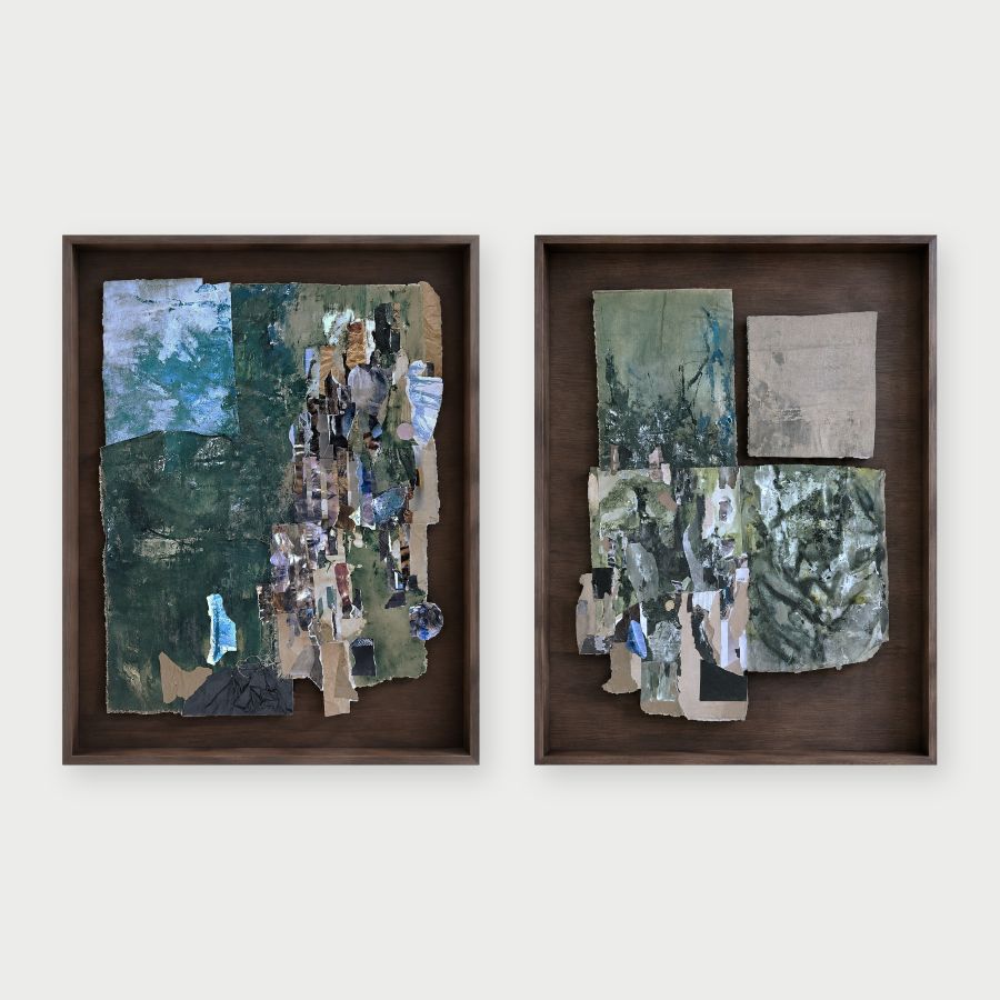 Minyon I & II, Diptych (Unframed), Original mixed media collage diptych from the Green series, 2026. Two panels, 100 × 134 cm each. Sold unframed. — original artwork by Sofia Eckholt